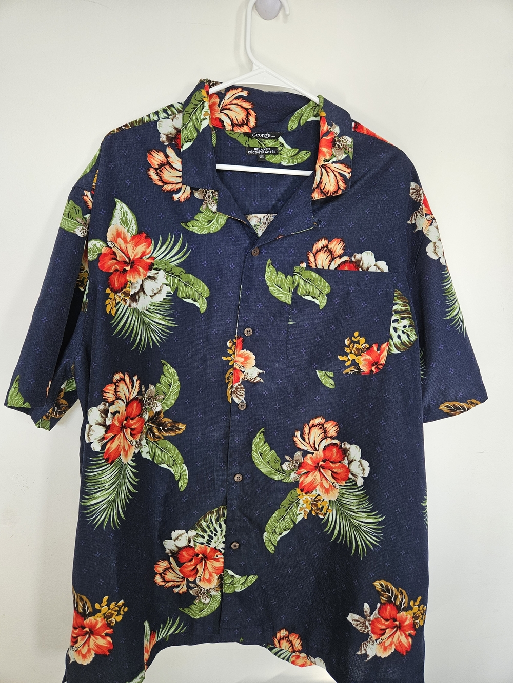 George Men's 2XL Tropical Floral Hawaiian Shirt Navy Blue Short Sleeve Relaxed🔥